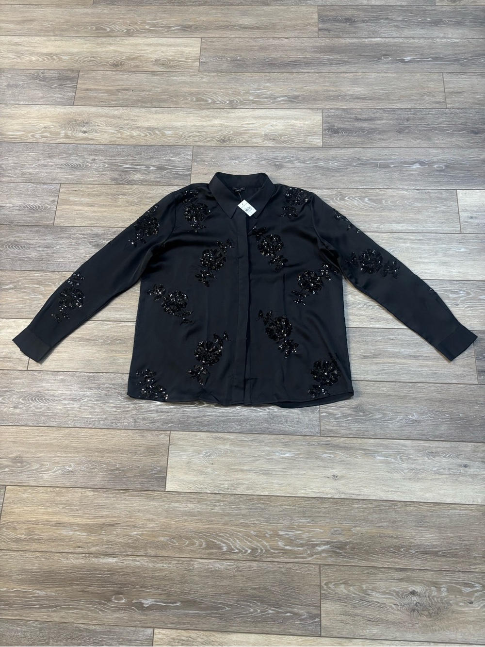 Ann Taylor Shirt Sz L Black Sequin Sparkly Holiday Office Party Whimsigoth NWT